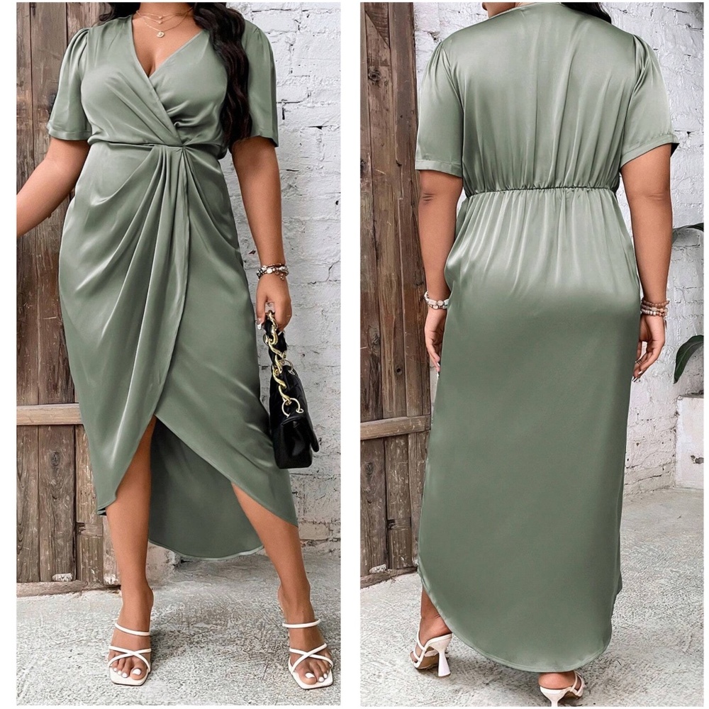 Luxe Satin Surplice Short Sleeve Evening Party Dress - Picture 8 of 9